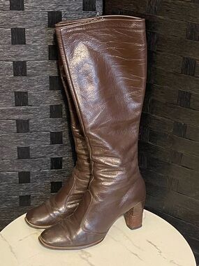 Vintage 70s-80s Joyce California Tall Boot Heel Knee Side Zip Brown Size 6N